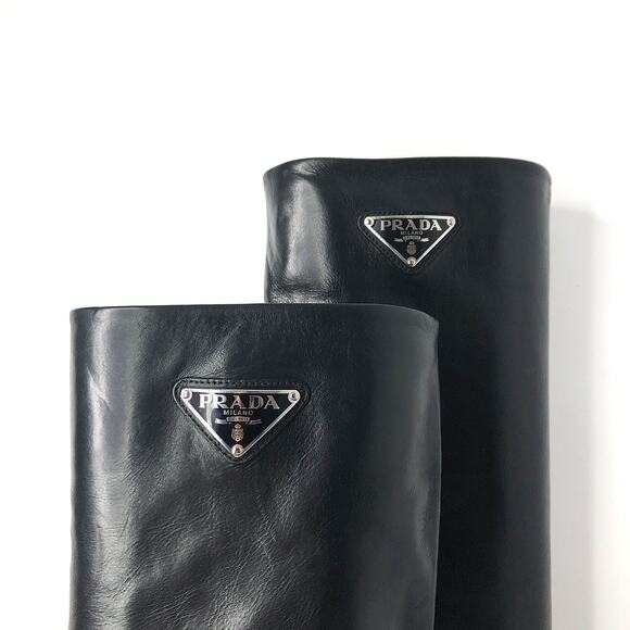 Prada Triangle Logo Plaque Knee High Pull On Block Heel Leather Boots 38 - Picture 9 of 9